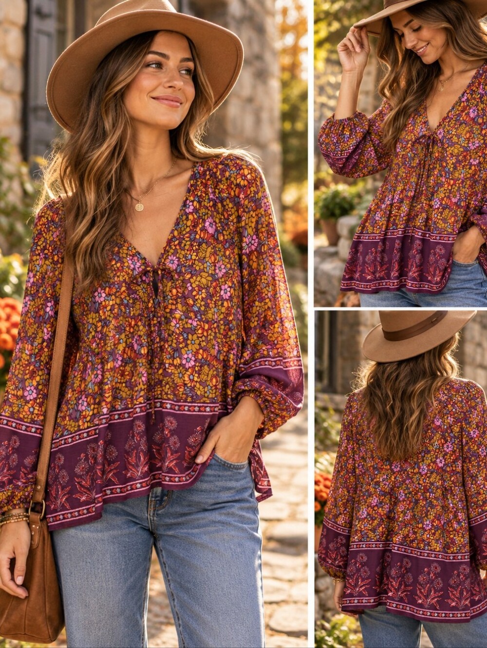 Smocked V-Neck Floral Peasant Blouse - Multicolor